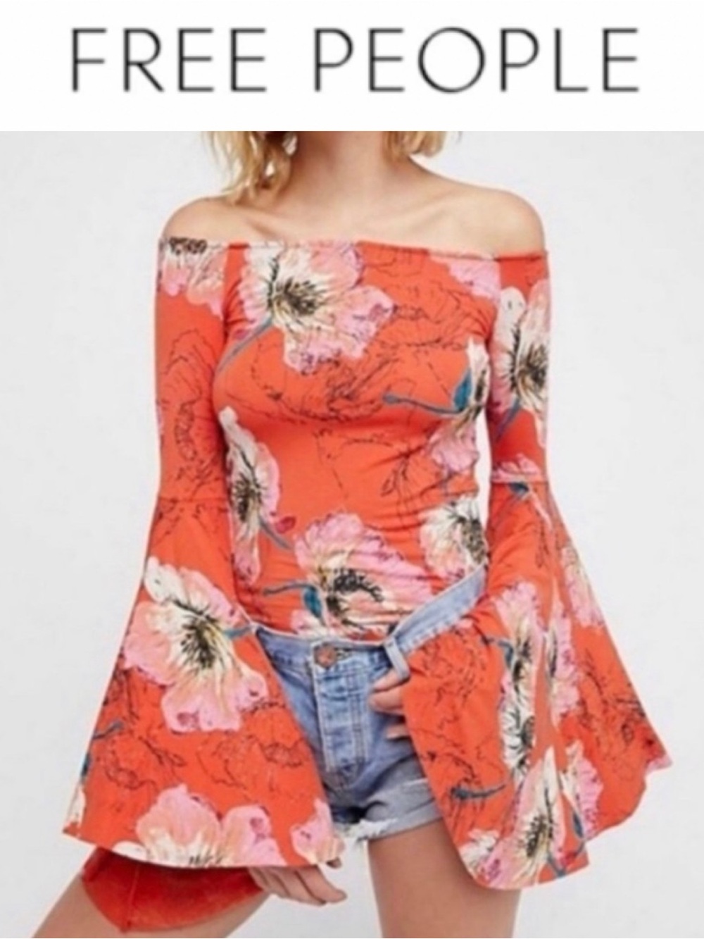WE THE FREE BIRDS OF PARADISE OFF THE SHOULDER BELL SLEEVE FITTED TOP SIZE M